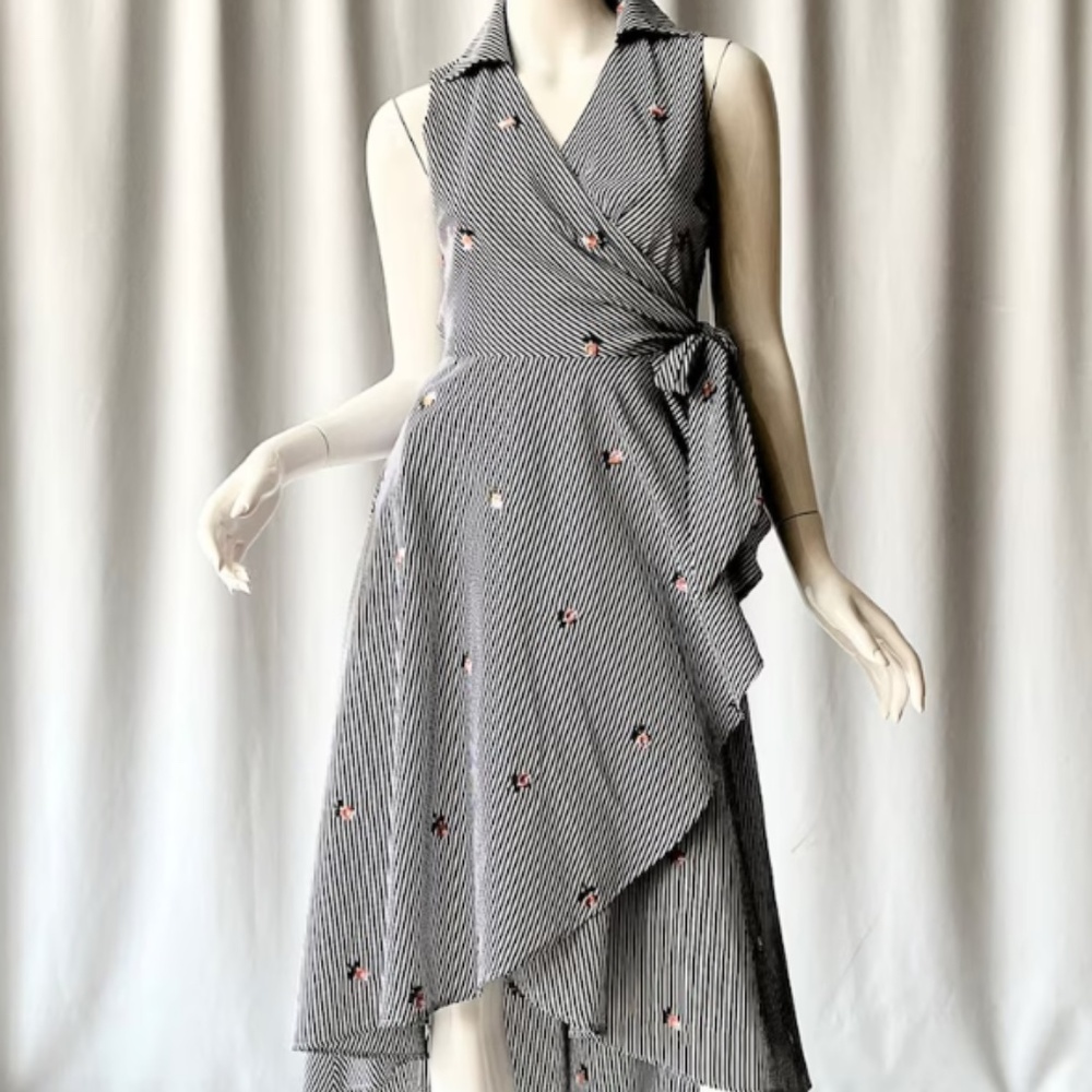 Calvin Klein rose embroidered midi pinstripe wrap dress - size 6